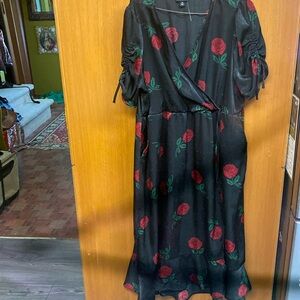 Torrid size 0 black dress with red rose pattern- short sleeved